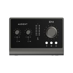 The black Audient iD14 mkII USB Audio Interface, front-facing view