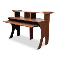 The brown Priam Studio Desk Workstation Wood Finish by Trojan Pro. drawer out